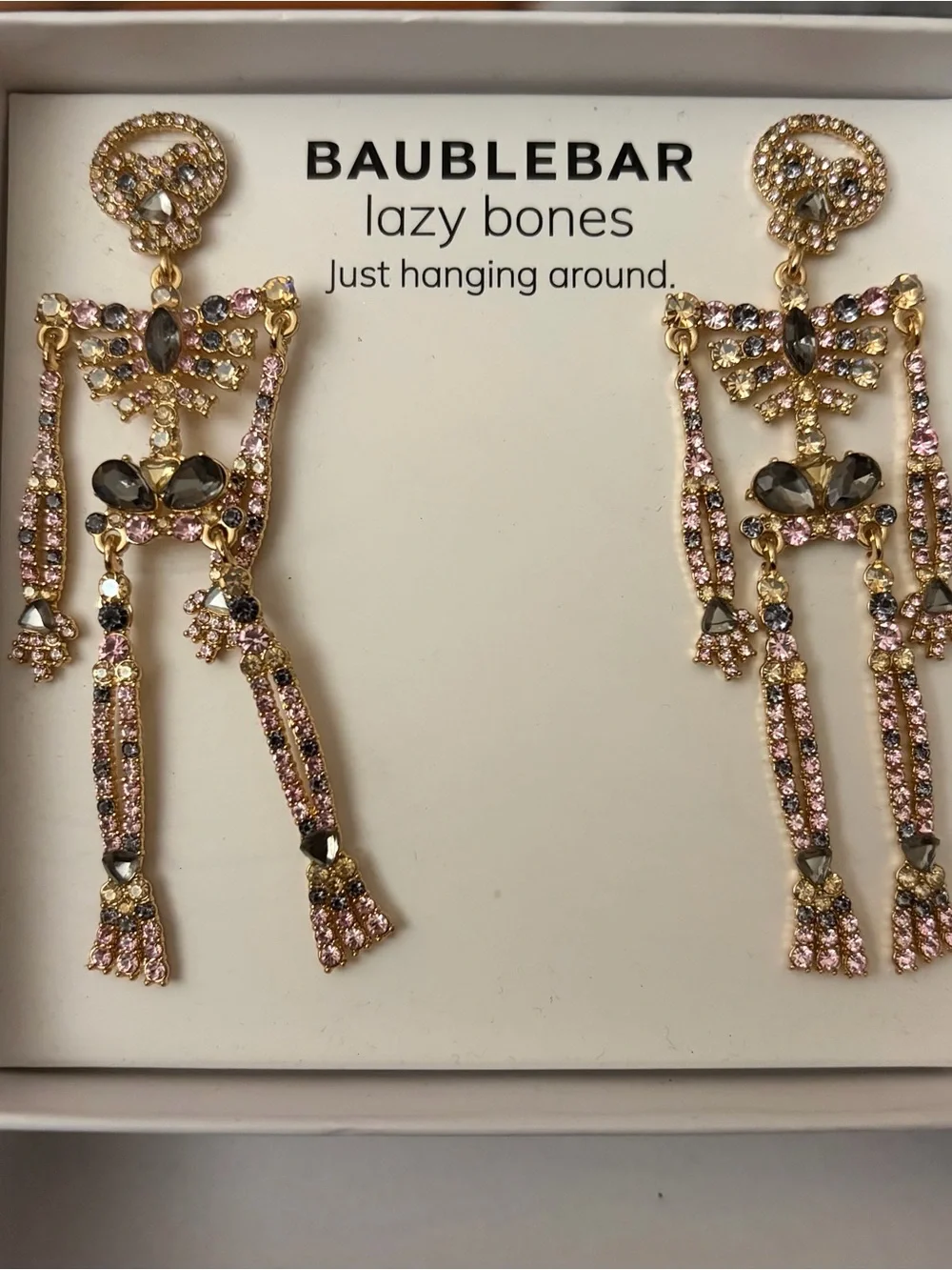 BaubleBar Gold-Tone Pink and Smoke Crystal Skeleton Drop Earrings